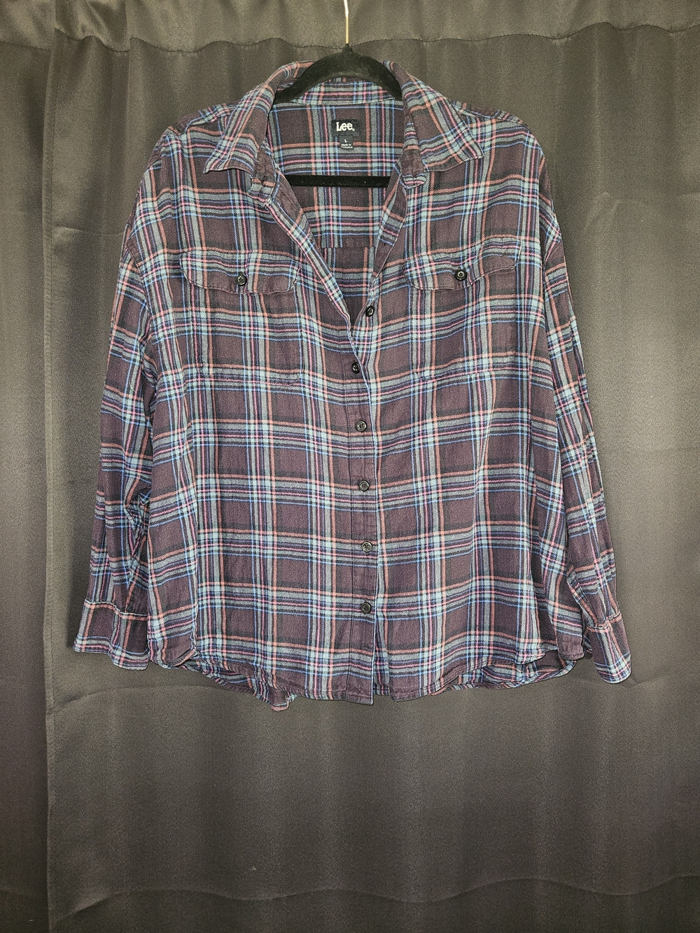 Lee Women's Large Plaid Flannel Button Down Shirt Purple Blue Pink
